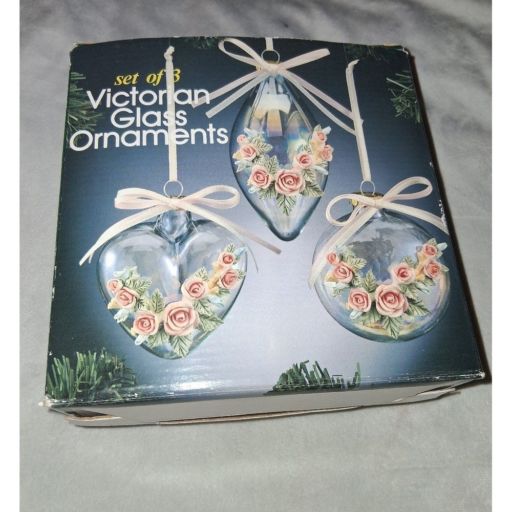 Victorian Style Glass Christmas Ornaments Set of 3 Pink Roses Iridescent Boxed